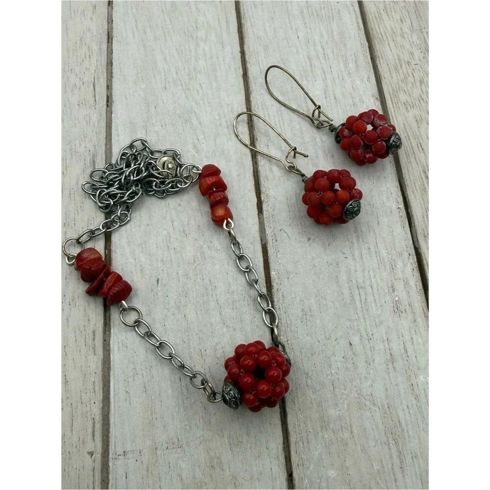 Red coral Bead Cluster Necklace and Earrings Set
